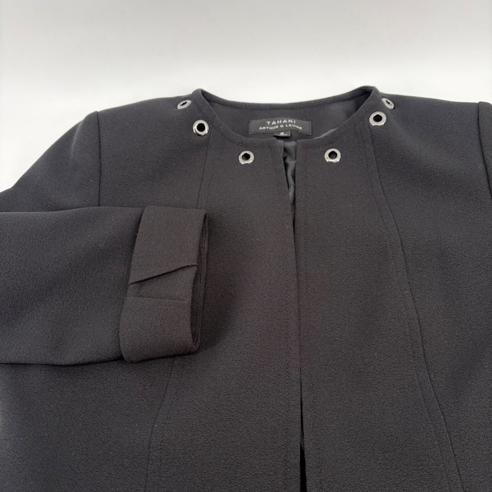 Tahari Arthur S Levine Womens Black Grommet Collarless Open Front Blazer Size 12